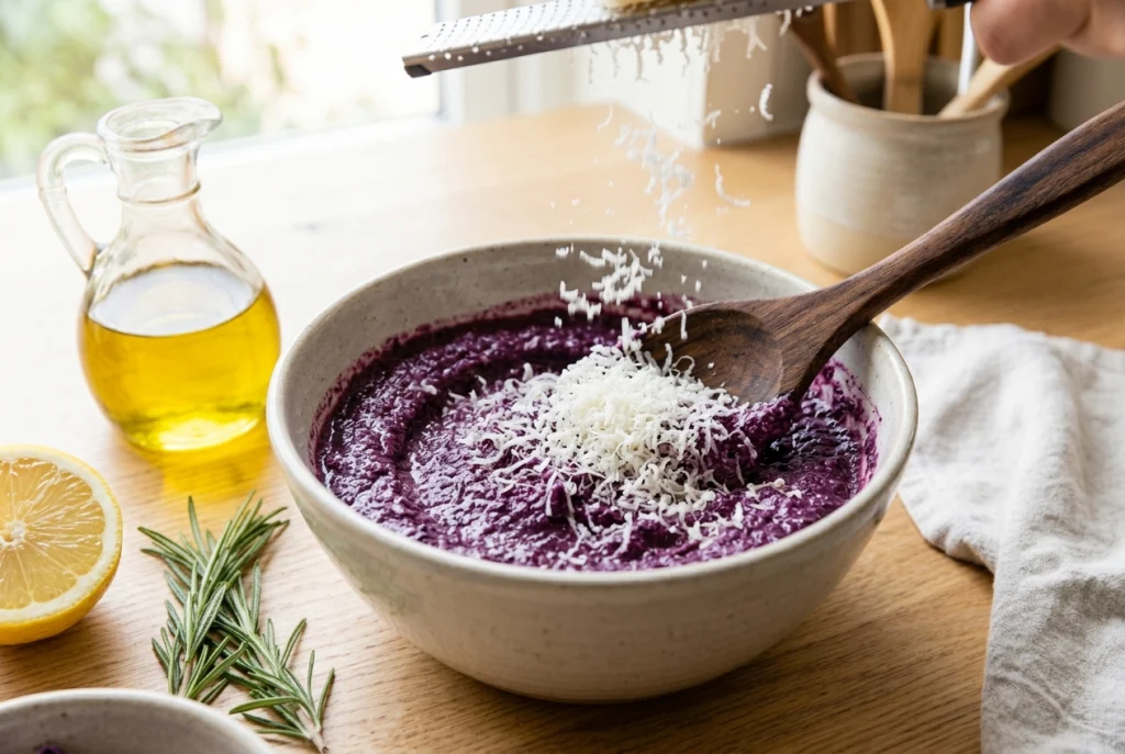 Adding Parmesan cheese to purple cabbage pesto