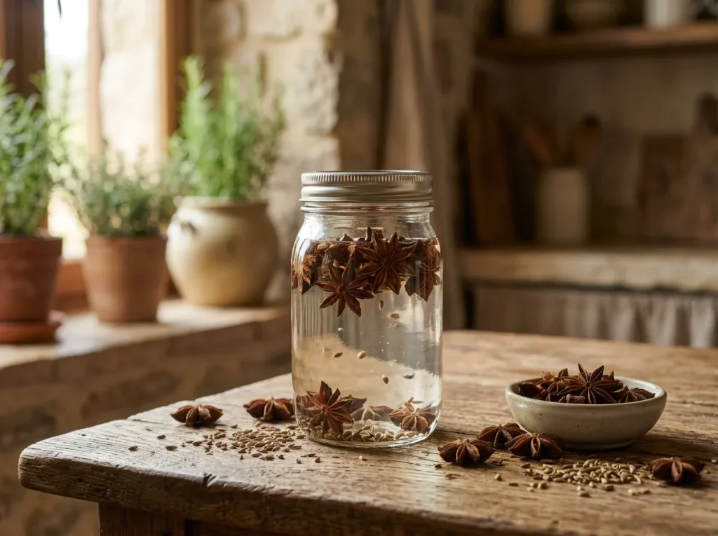 Anise seeds infusing in alcohol in a sealed glass jar
