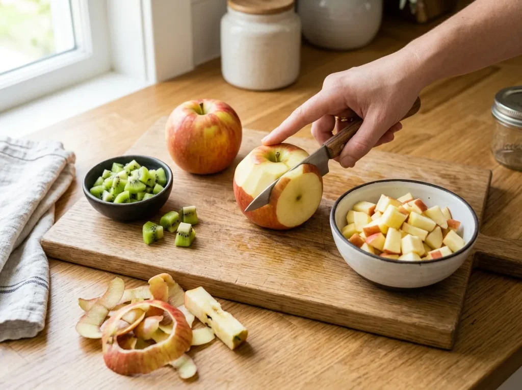 Fresh kiwi being peeled and chopped for homemade kiwi jam