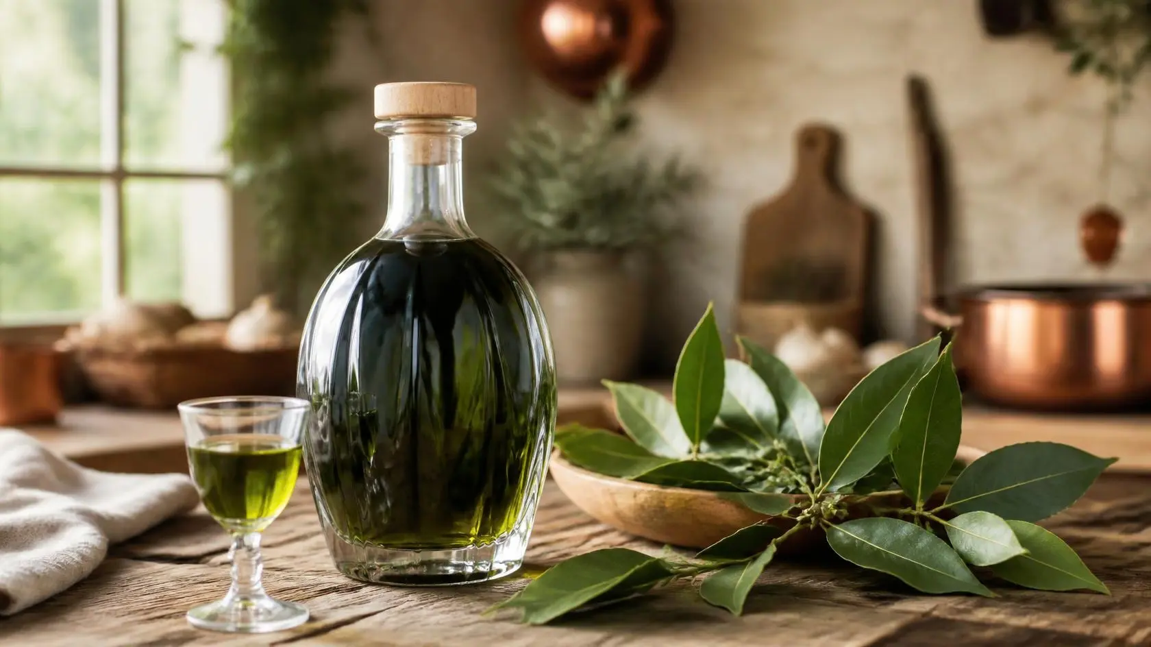 Homemade bay leaf liqueur in a glass bottle with fresh bay leaves