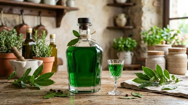 Homemade bay leaf liqueur in a glass bottle, made with aromatic bay leaves and a clear, golden liqueur.
