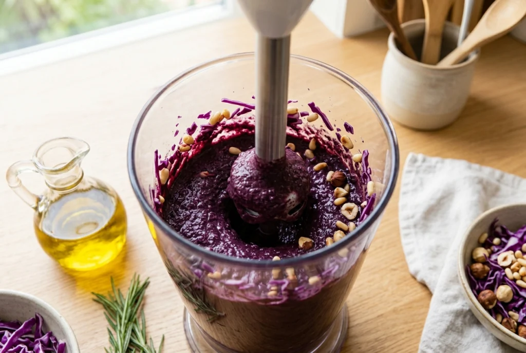 Blending purple cabbage pesto until creamy