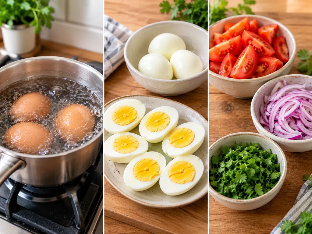Preparing boiled eggs, tomato wedges, sliced red onion, and fresh coriander for vegetable salad
