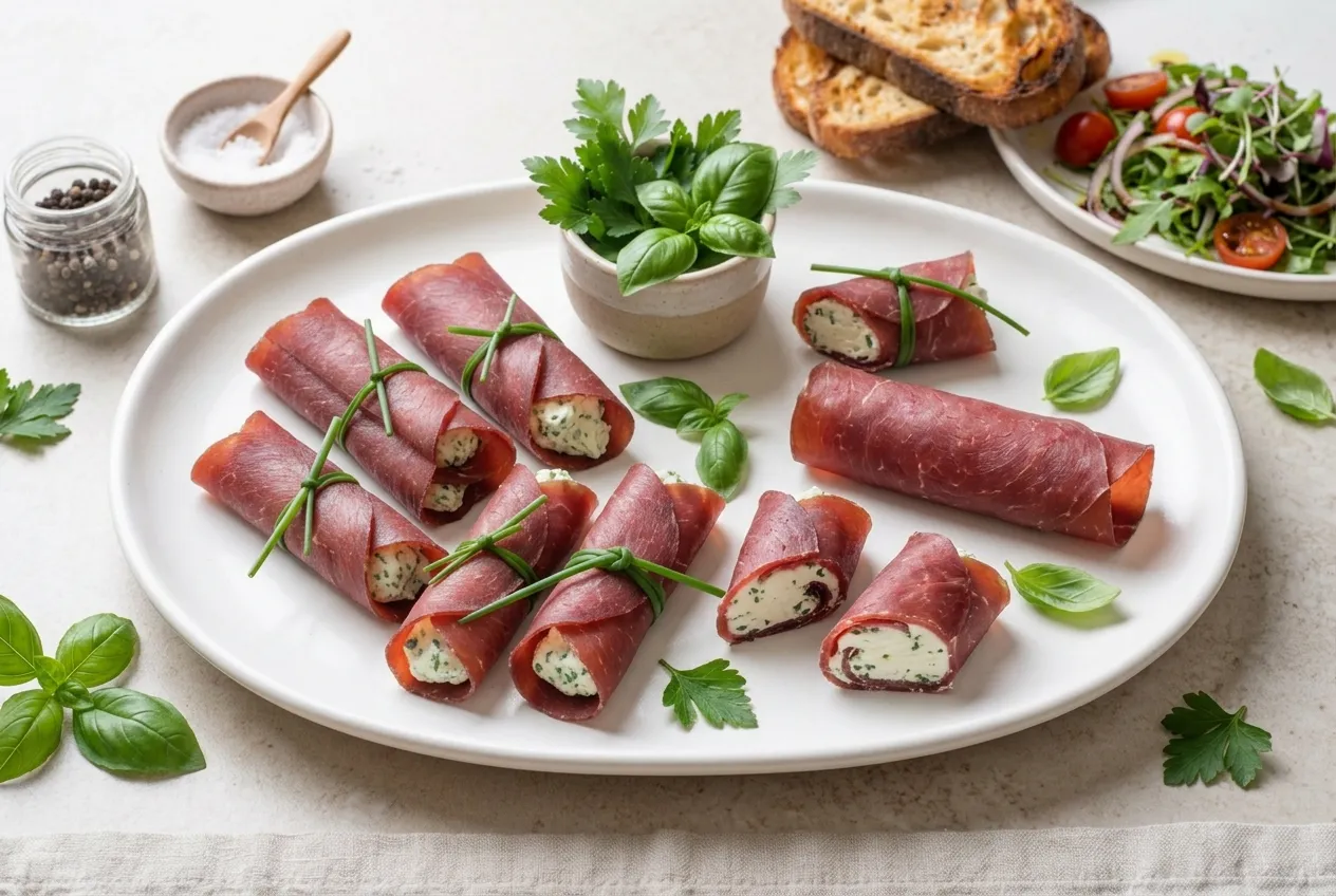 Bresaola rolls filled with creamy herb cheese and fresh herbs served on a plate