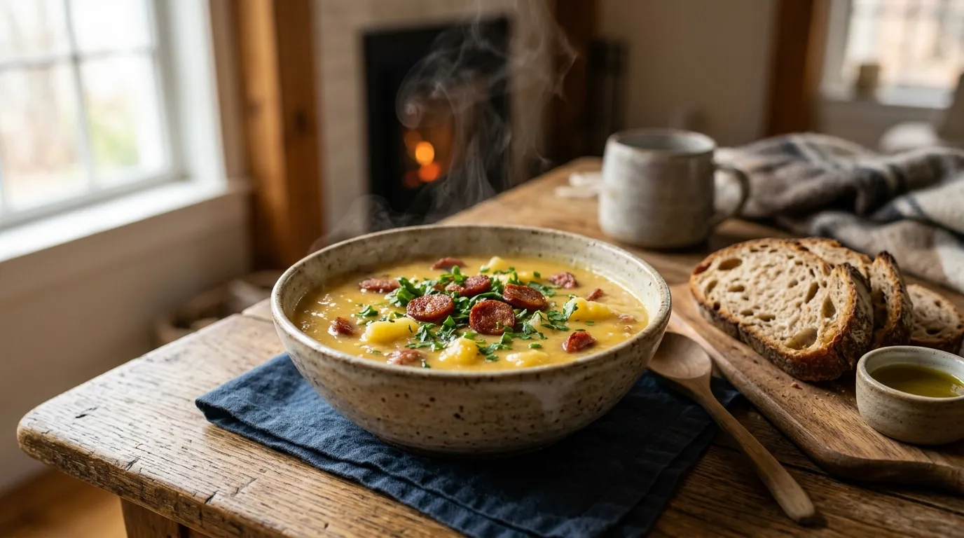 Cassava soup with pepperoni served in a bowl
