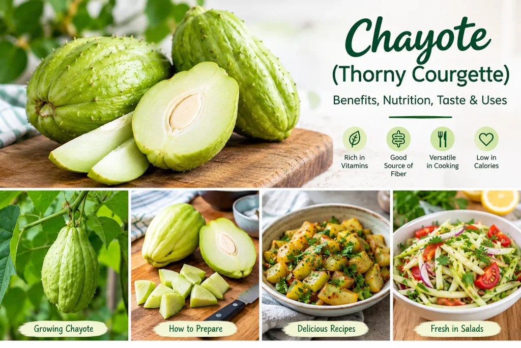 Chayote (thorny courgette) with whole and sliced fruit