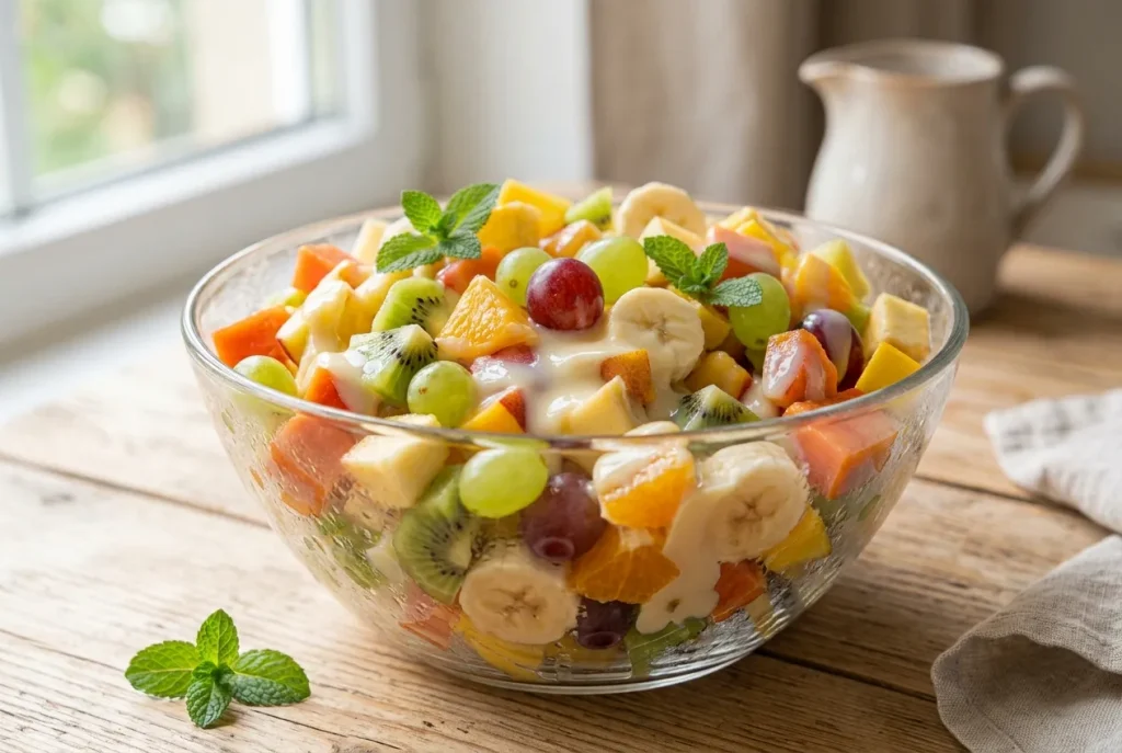 Chilled fruit salad with condensed milk garnished with mint