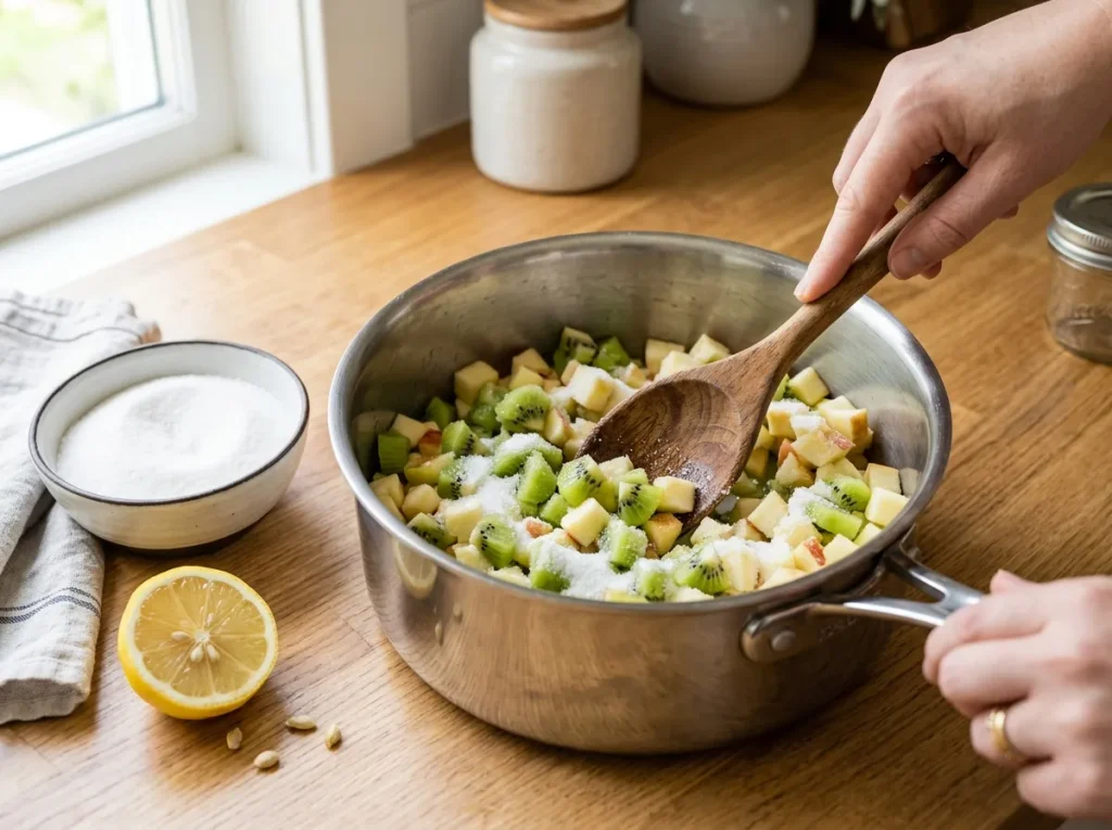 Chopped kiwi and apple combined with sugar and lemon juice in a saucepan_result