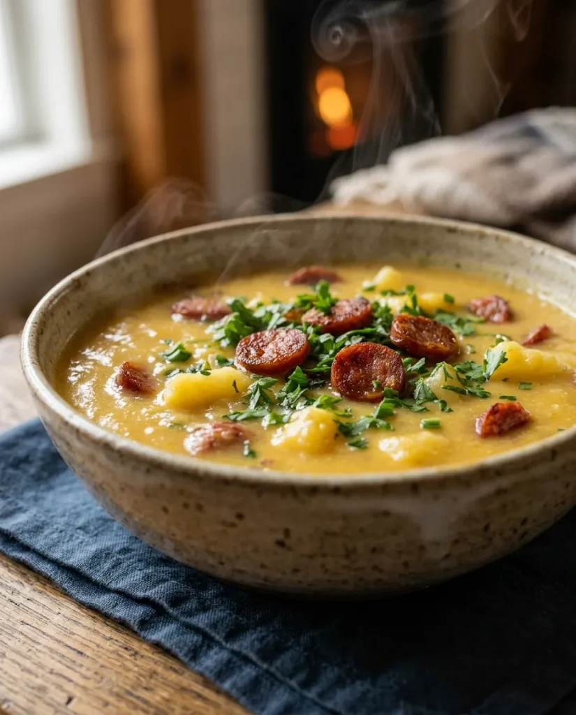 Close-up of creamy cassava soup with pepperoni