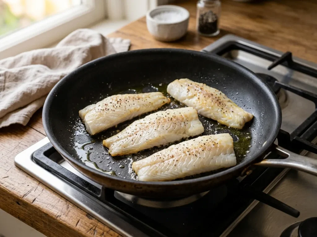 Cod fillets cooking in a skillet with olive oil