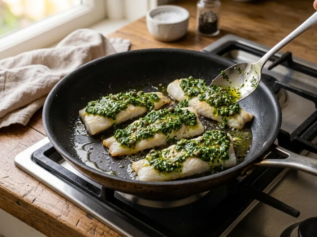 Cod fillets covered with homemade green parsley sauce