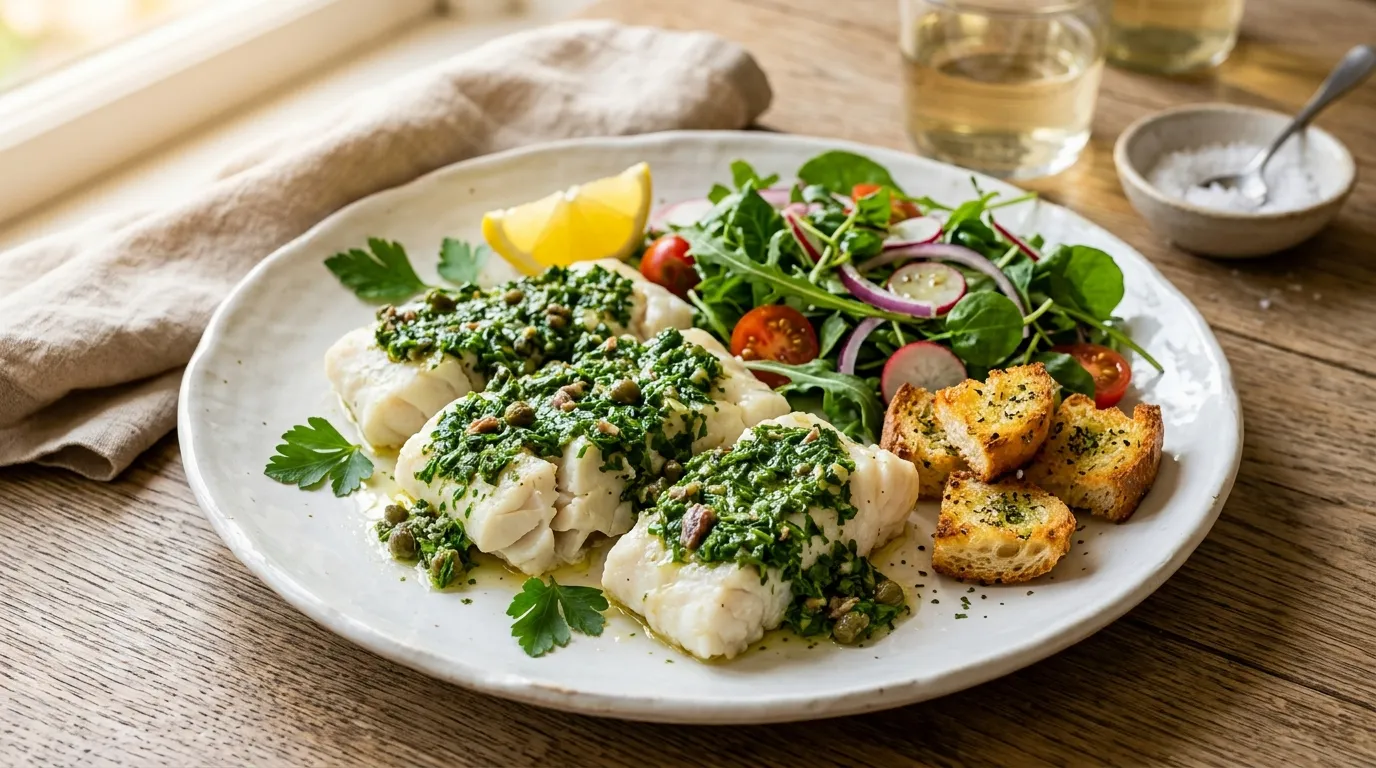 Cod in green sauce with seasonal salad and toasted bread