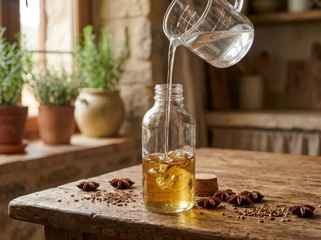 Combining sugar syrup with anise-infused alcohol