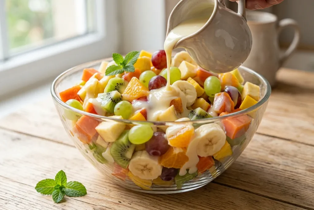 Condensed milk poured over mixed fresh fruit