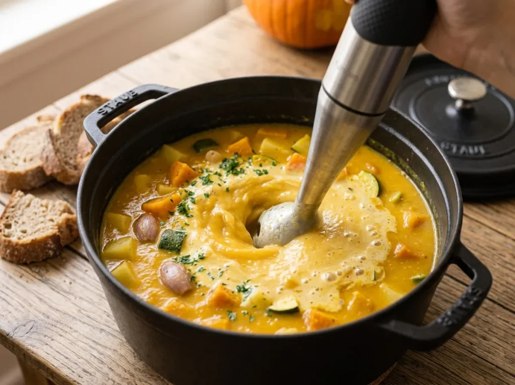 Cooked vegetables blended into creamy pumpkin and zucchini soup