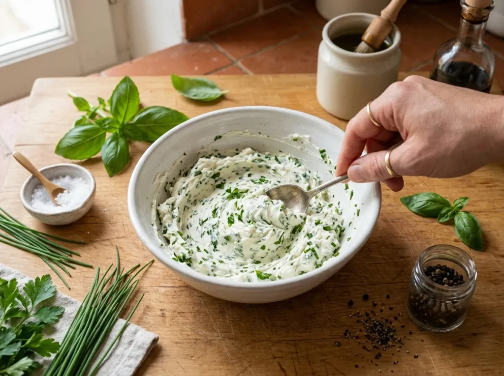 Creamy fresh cheese mixed with chopped parsley, basil, and chives in a bowl