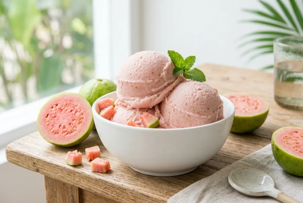 Creamy homemade guava ice cream served in a bowl with fresh guavas