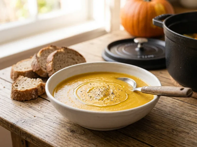 Creamy pumpkin and zucchini soup served with olive oil and black pepper