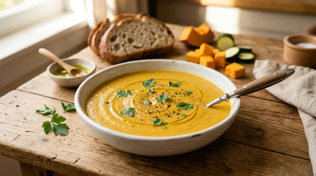 Creamy pumpkin and zucchini soup with olive oil and black pepper