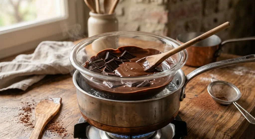 Dark chocolate melting in a bain-marie for the Susumelle coating
