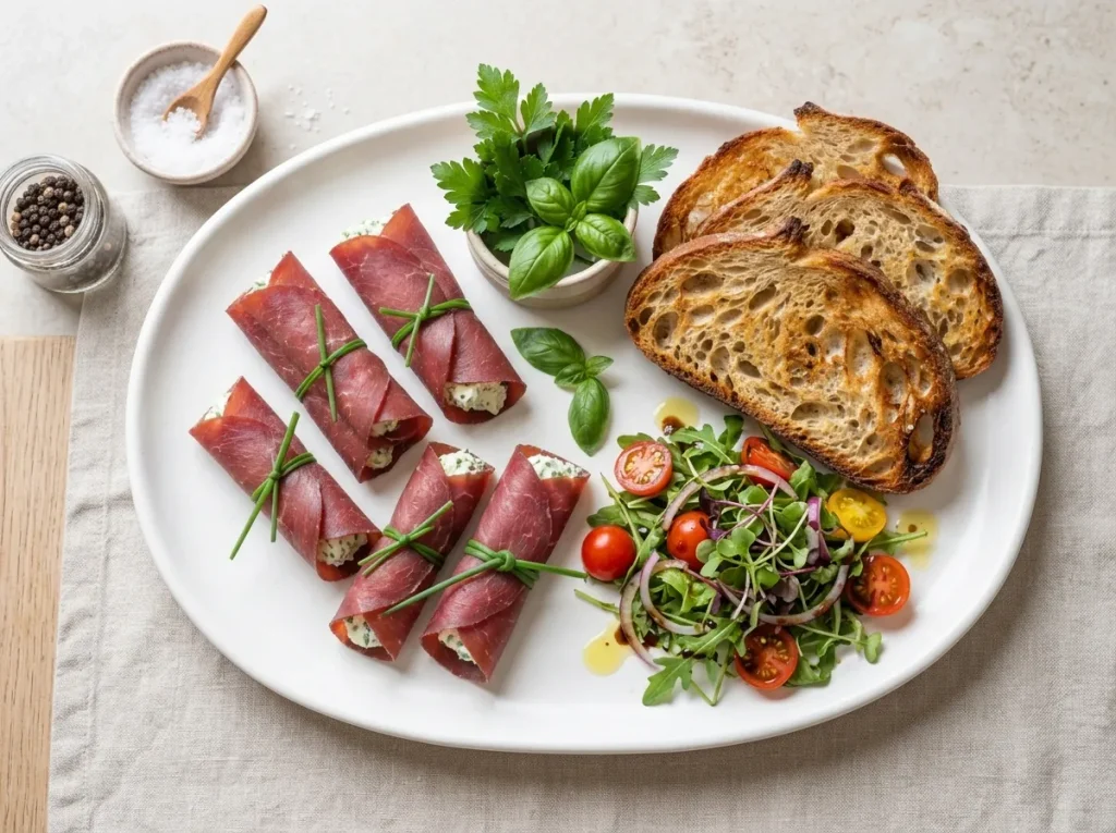 Finished bresaola rolls with cream cheese and herbs served with toasted bread and salad