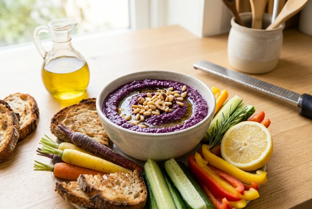 Finished purple cabbage pesto with toasted pine nuts
