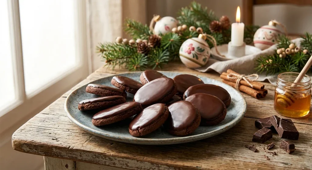 Finished traditional Susumelle cookies with dark chocolate coating