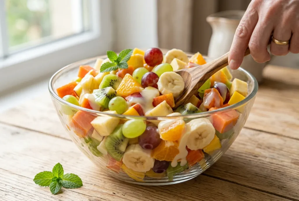 Fresh chopped fruit gently mixed in a large bowl