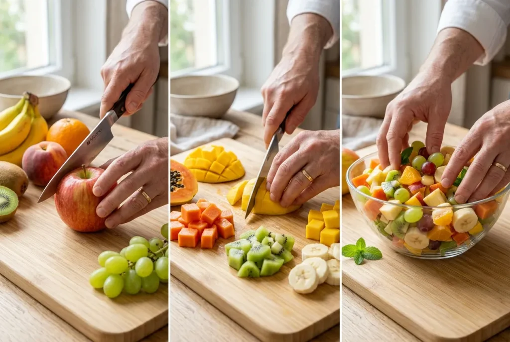 Fresh fruit cut into bite-sized pieces for fruit salad