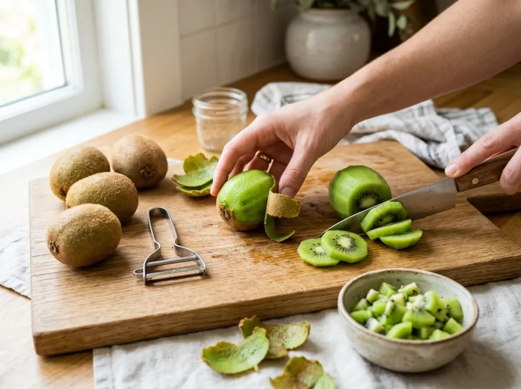 Fresh kiwi being peeled and chopped for homemade kiwi jam