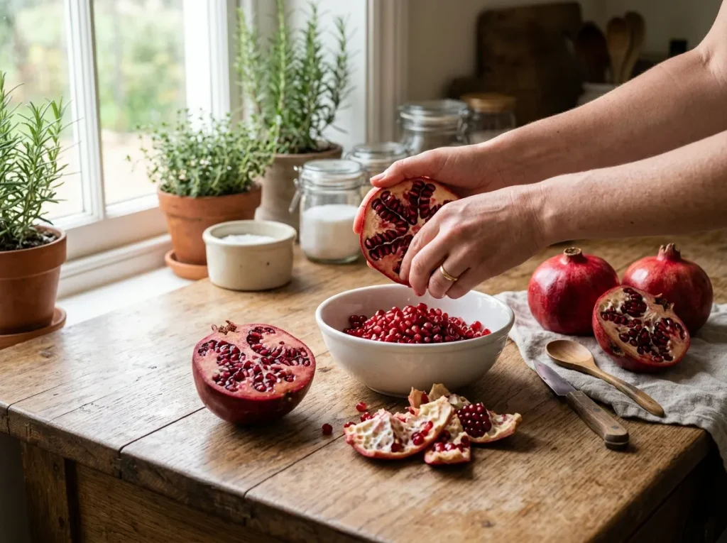 Fresh pomegranate seeds separated from the white pith
