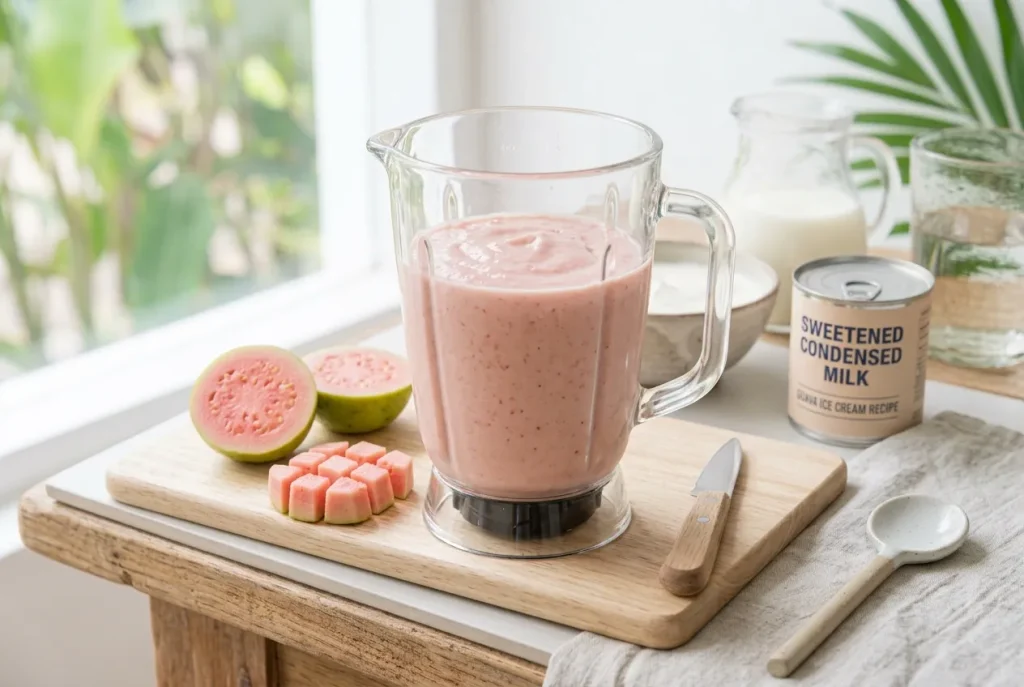 Guava ice cream mixture blended with milk, cream, and condensed milk
