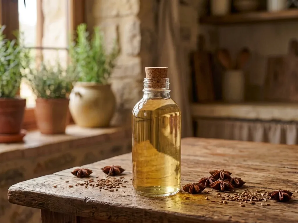 Homemade anise liqueur resting in a sealed glass bottle
