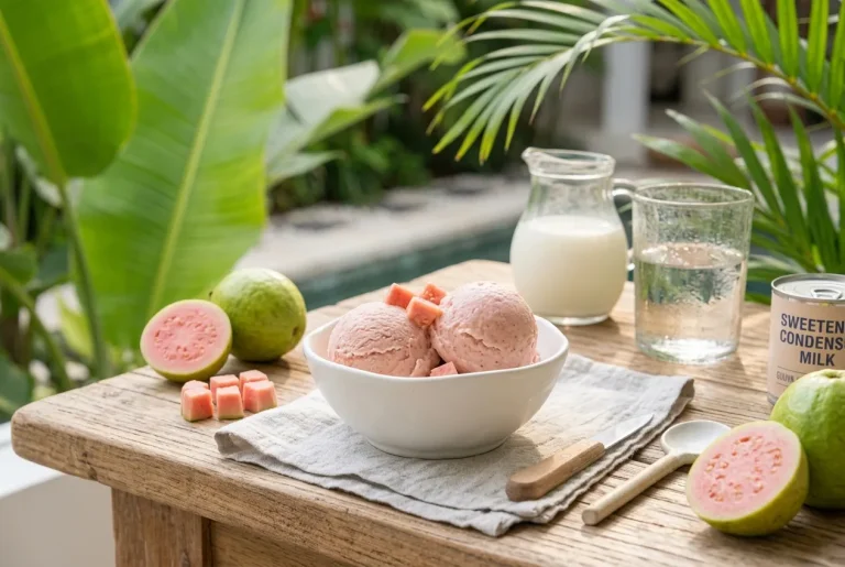 Homemade guava ice cream scoops served with fresh guava on a summer table