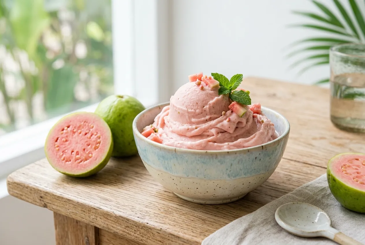 Homemade guava ice cream with fresh ripe guavas