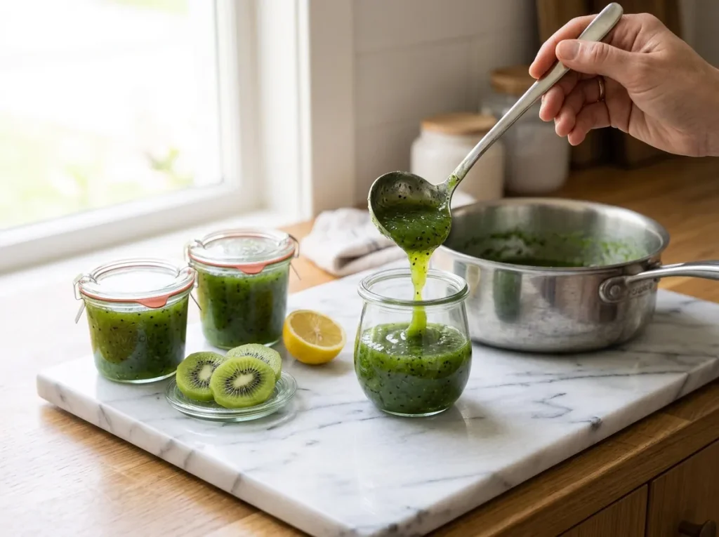 Homemade kiwi jam being spooned into clean glass jars_result