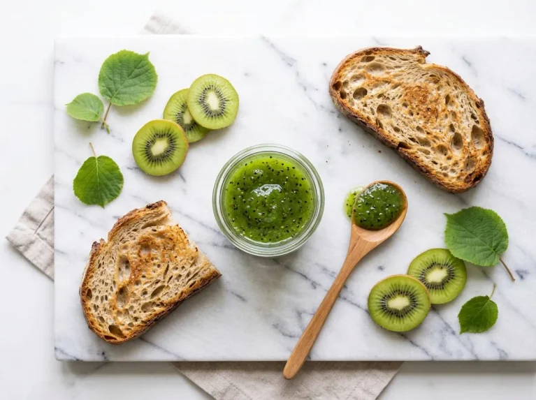 Homemade kiwi jam in a glass jar with sliced kiwifruit, toasted sourdough bread, and a wooden spoon on a bright kitchen surface