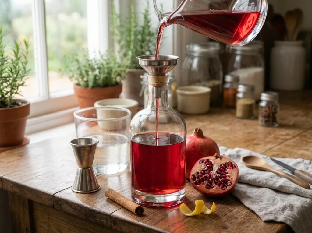 Homemade pomegranate liqueur being poured into a glass bottle