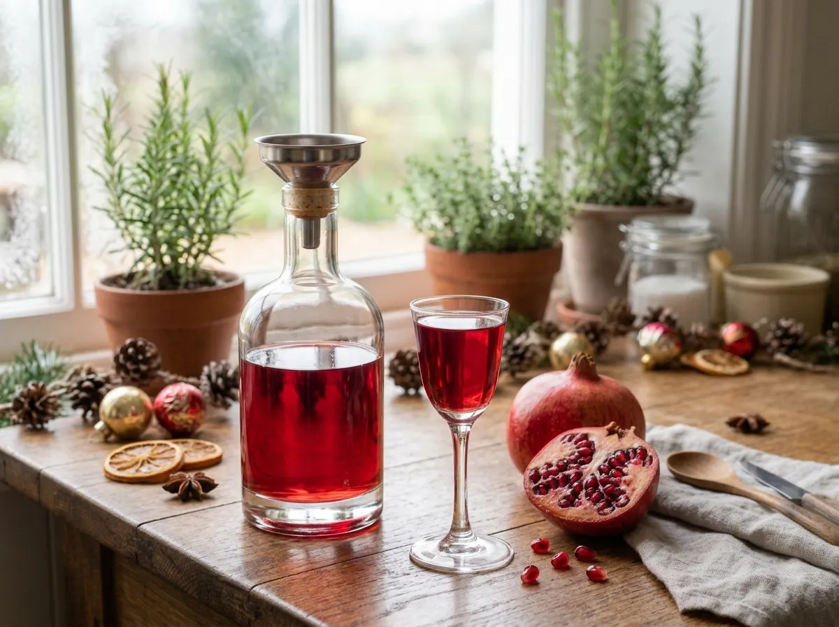 Homemade pomegranate liqueur served in a small glass with fresh pomegranates