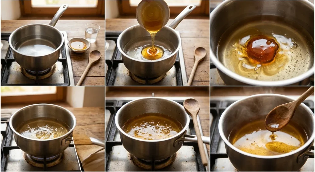Honey and water warming together in a saucepan for Susumelle