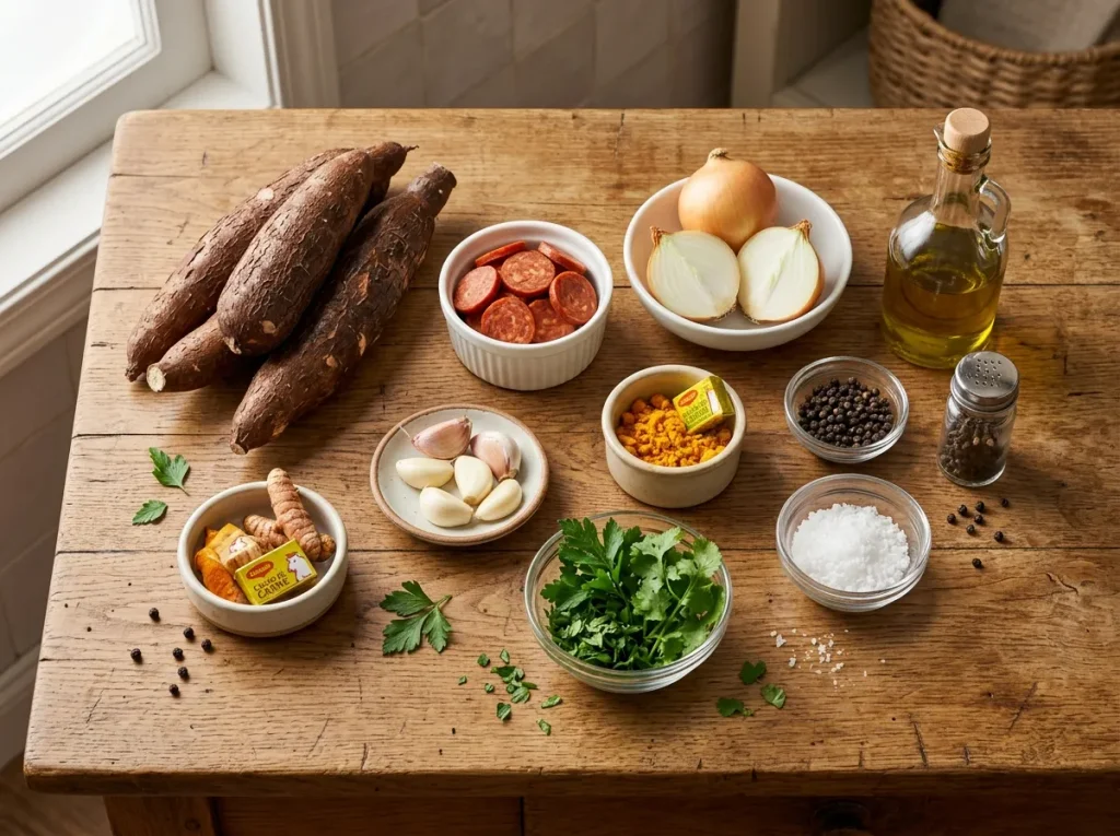 Ingredients for cassava soup with pepperoni