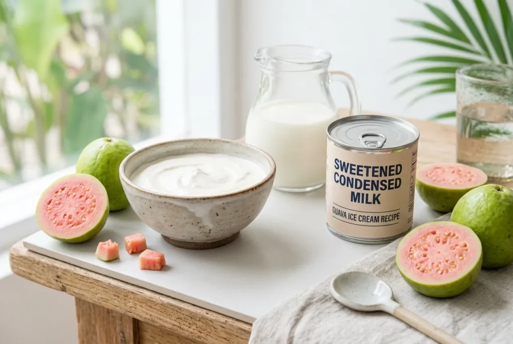 Ingredients for homemade guava ice cream with fresh guavas, cream, milk, and condensed milk