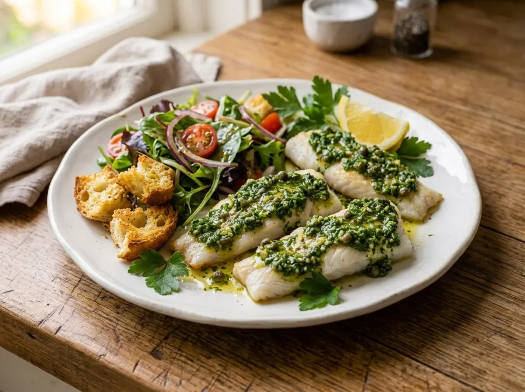 Italian cod in green sauce served with fresh salad and toasted bread