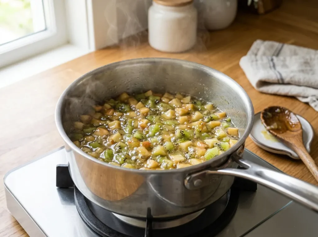 Kiwi and apple mixture simmering on the stovetop for homemade jam_result