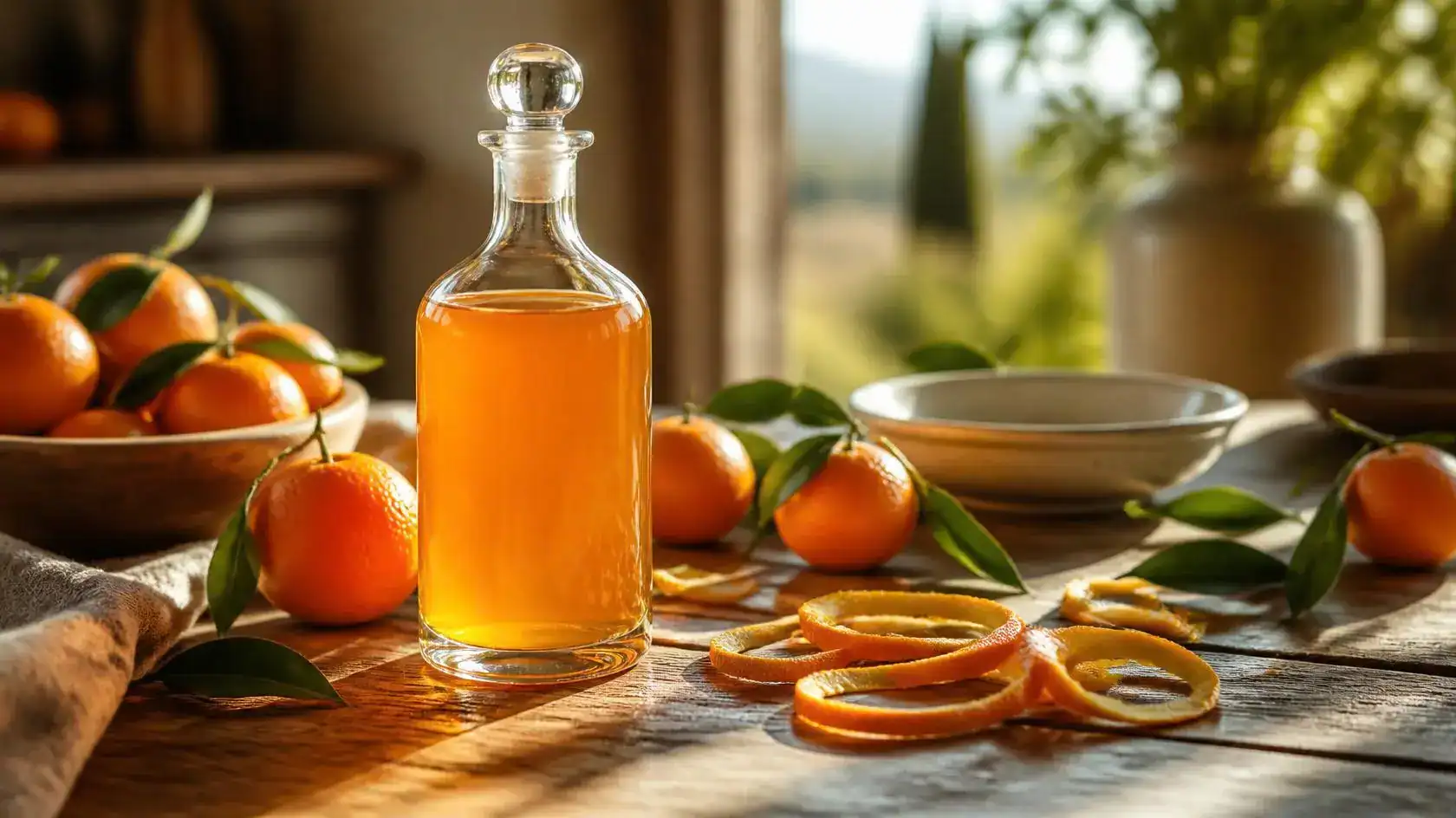 Homemade mandarin liqueur with fresh mandarin oranges, showcasing a bright citrus flavor and golden-orange color.
