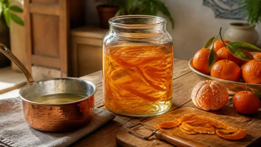 Homemade mandarin liqueur made with fresh mandarins and citrus peel