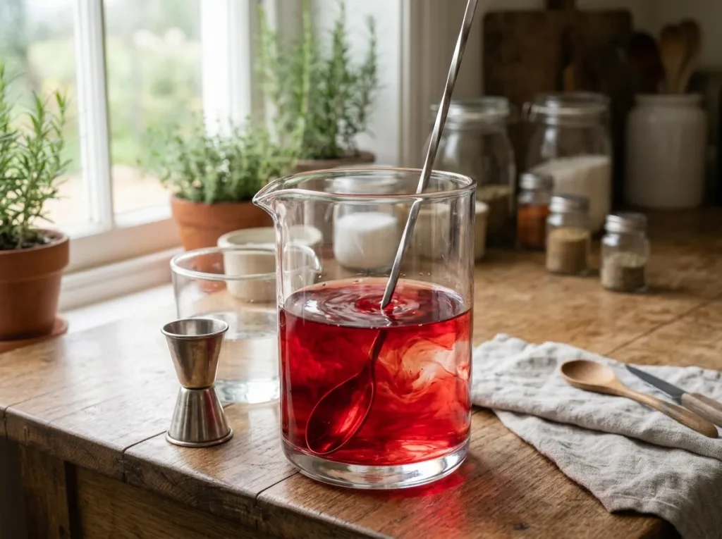 Pomegranate-infused alcohol mixed with cooled sugar syrup