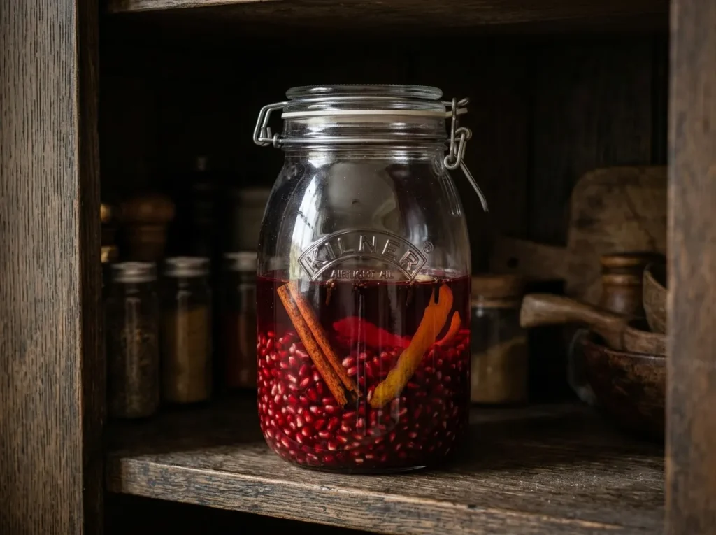 Pomegranate liqueur infusion resting in a sealed glass jar
