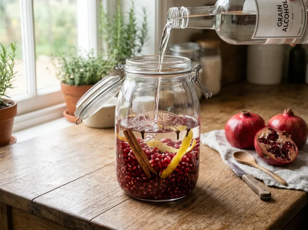 Pomegranate seeds, alcohol, cinnamon, cloves, and lemon peel in a glass jar