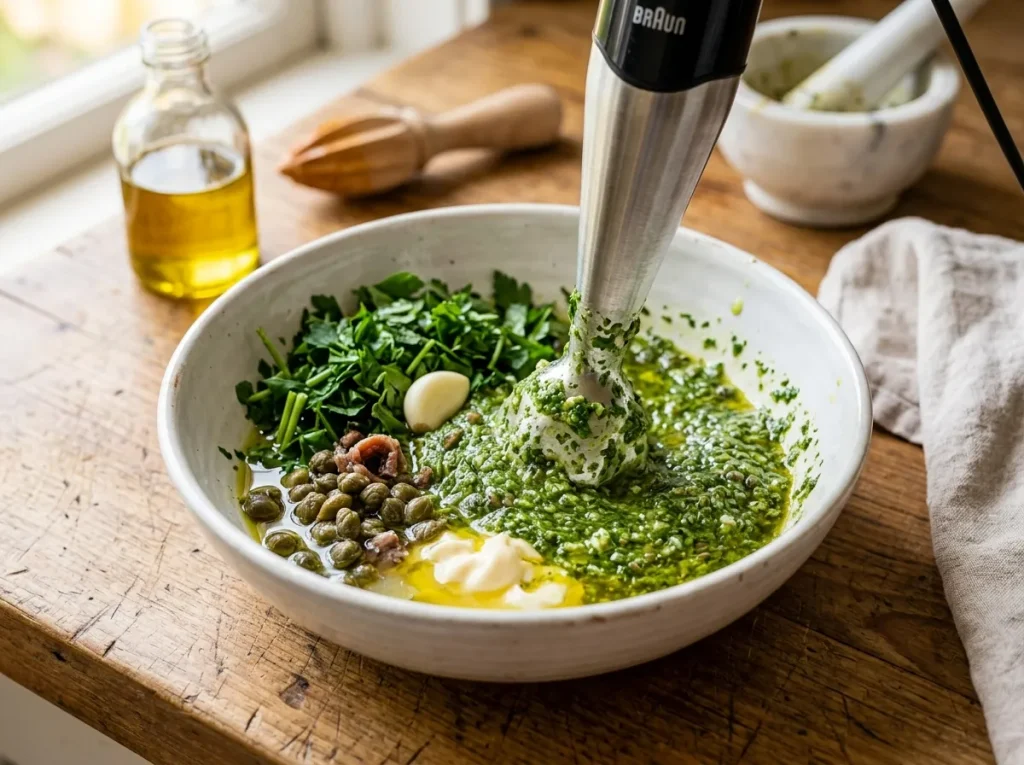 Preparing homemade green sauce with parsley, anchovies, capers, lemon, and garlic